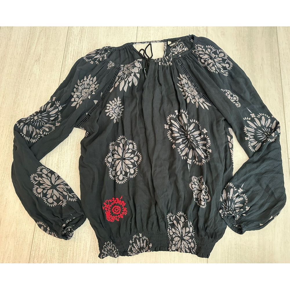 DESIGUAL Blue Floral Print Shirt Tunic Size M Long Sleeve Embroidered